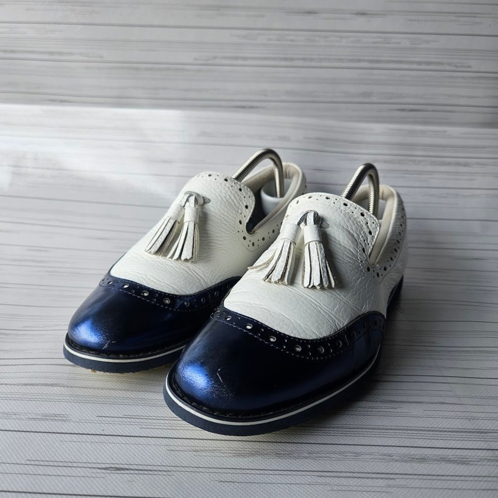 G/FORE Slip-on Shoes Brogue Cruiser Tassel Womens 10.5 White Navy Blue Leather